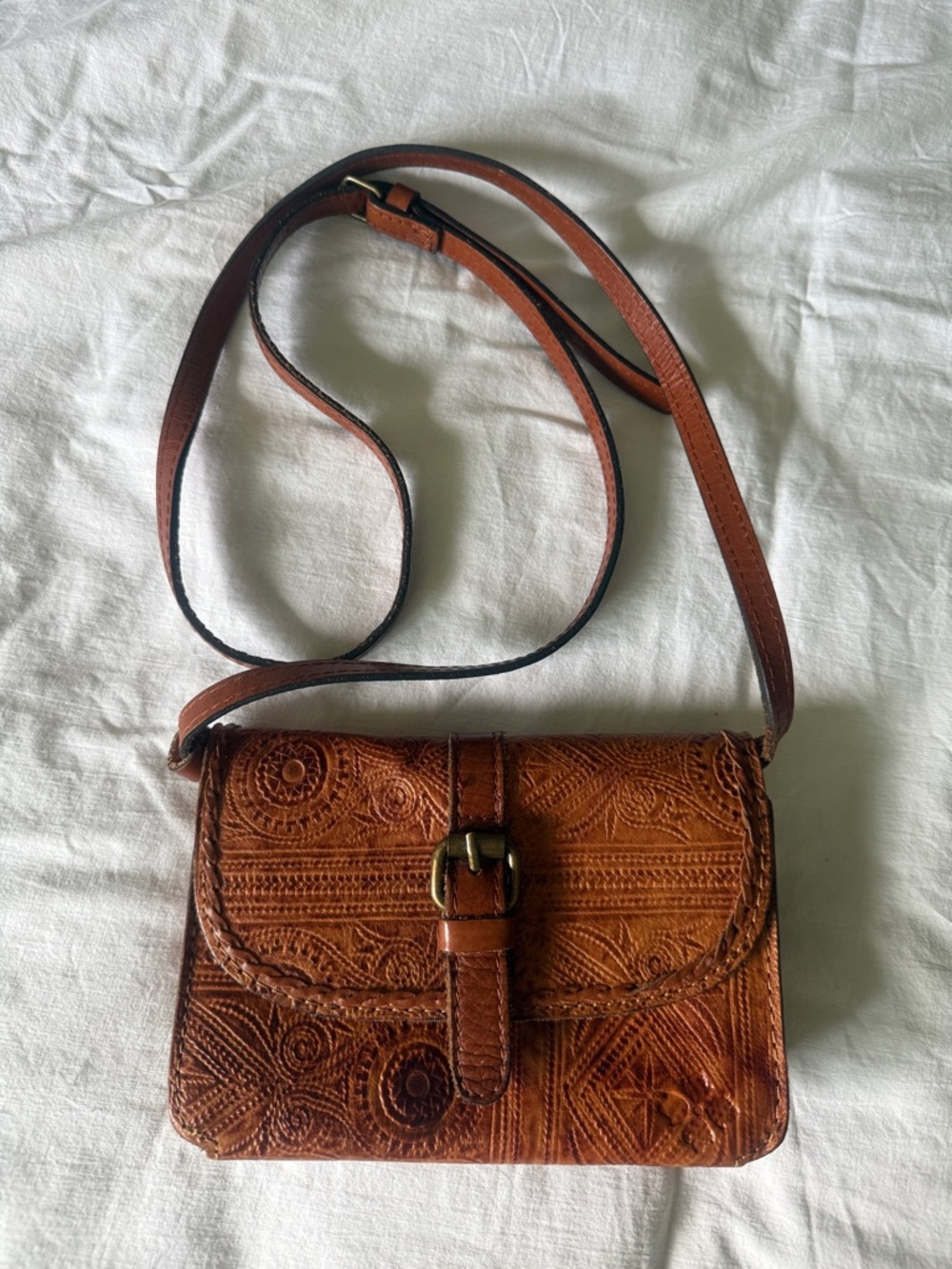 Vintage Patricia Nash Embossed Brown Leather Crossbody Bag with Buckle Strap